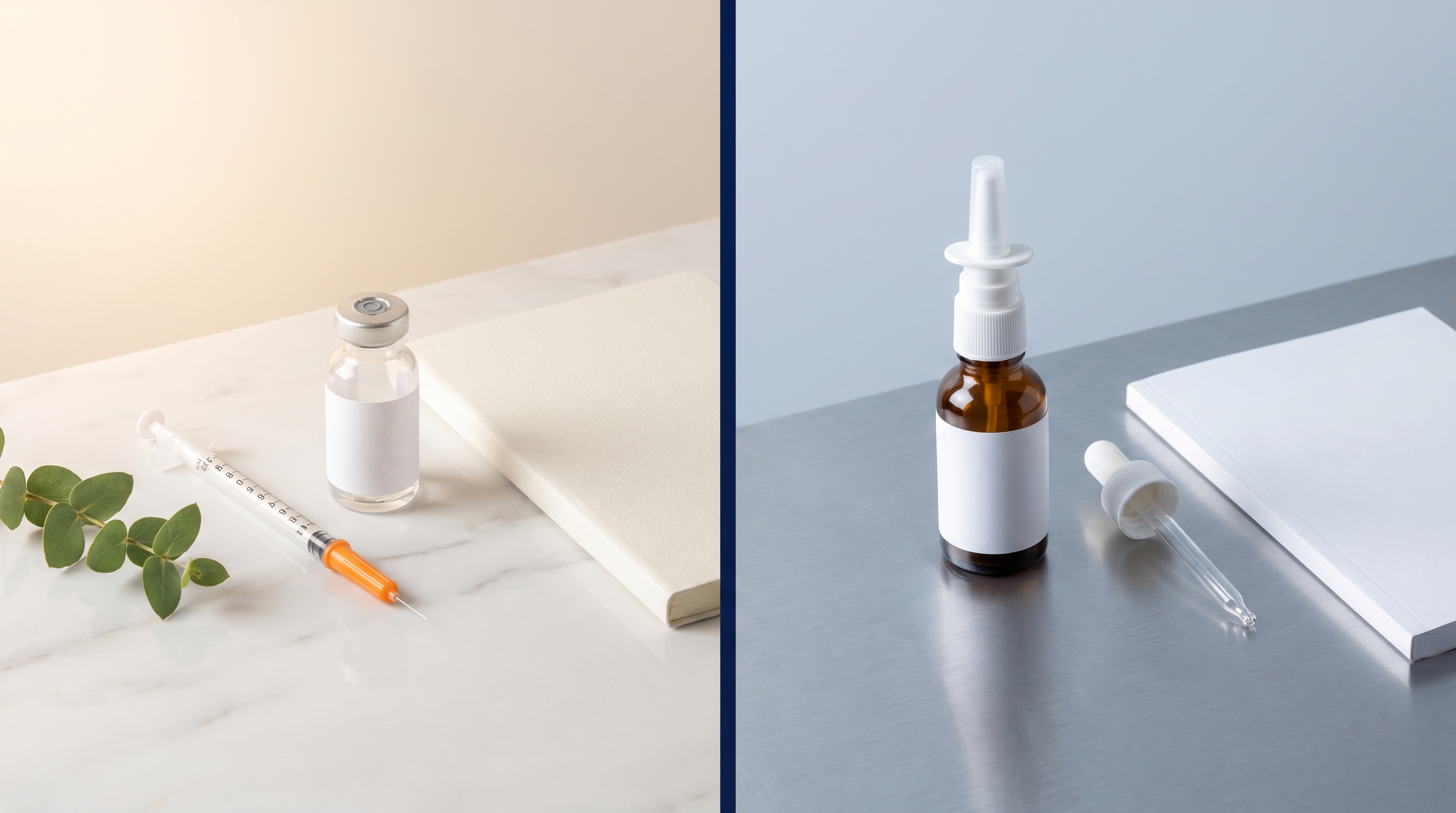 Split-frame editorial comparison of NAD+ injection and nasal spray delivery routes — NAD+ bioavailability